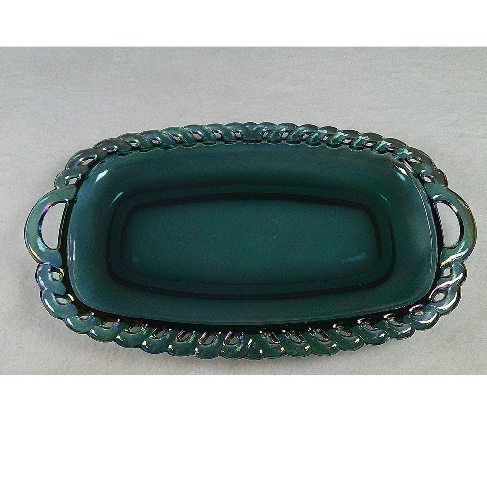 LE Smith Teal Green Carnival Glass Lace Edge Oval Tray Iridescent Serving Dish